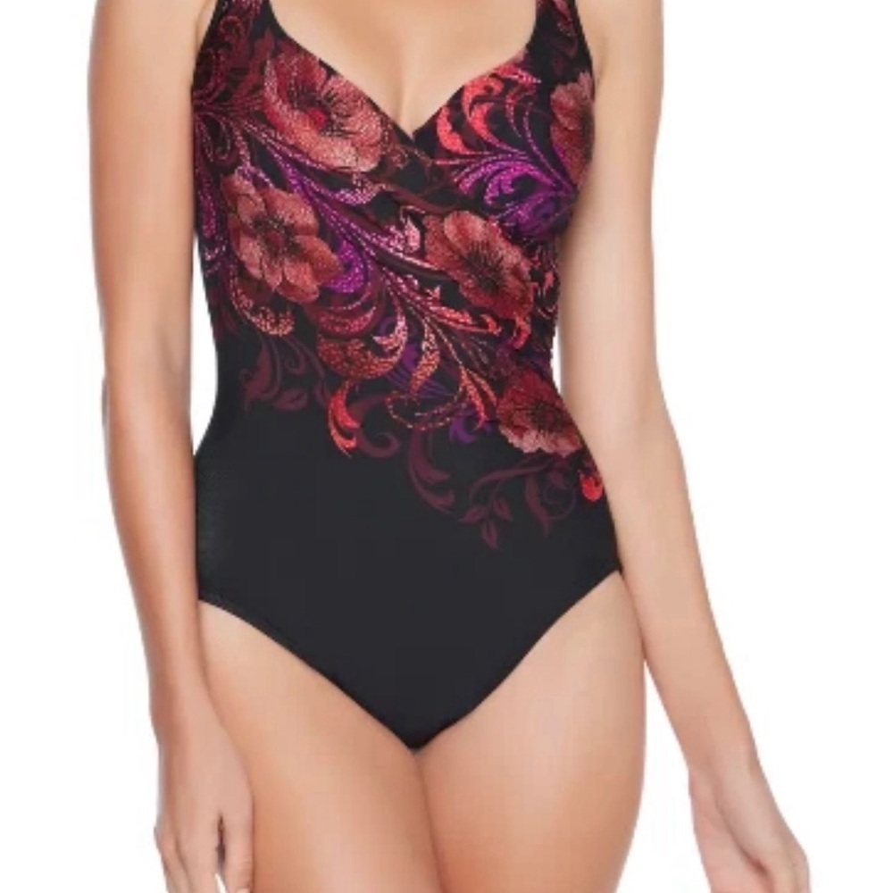 Miraclesuit Black One-Piece with Red and Purple Floral Accents